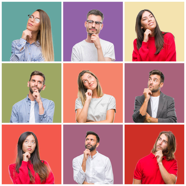 Collage of group people, women and men over colorful isolated background with hand on chin thinking about question, pensive expression. Smiling with thoughtful face. Doubt concept. - Photo, Image