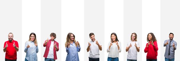 Kolaż różnych grup etnicznych młodych ludzi białe paski na białym tle wskazując palcami do aparatu z twarzy szczęśliwy i zabawny. Dobra energia i wibrafon. - Zdjęcie, obraz
