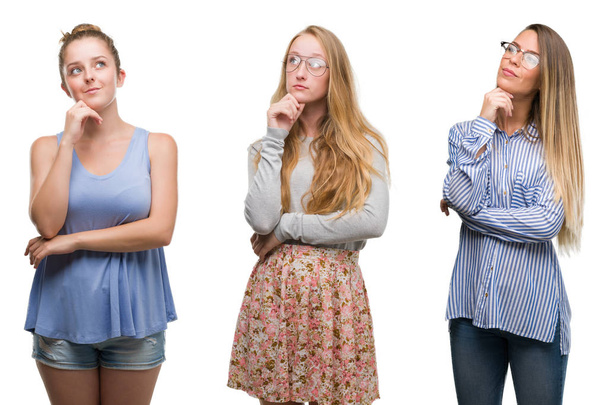 Collage de groupe de femmes blondes sur fond isolé avec la main sur le menton penser à la question, expression coûteuse. Souriant avec un visage réfléchi. Concept de doute
. - Photo, image
