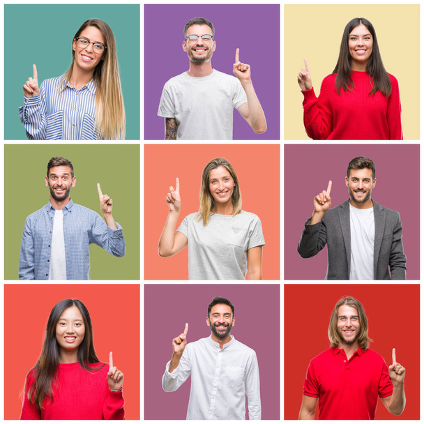 Collage of group people, women and men over colorful isolated background showing and pointing up with finger number one while smiling confident and happy. - Photo, Image