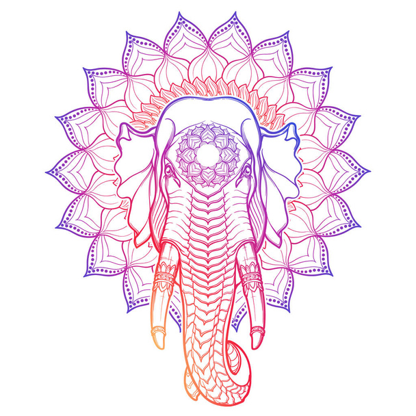 Testa di elefante isolata su una cornice decorativa Lotus. Motivo popolare nelle arti e mestieri asiatici. Disegno a mano intricato isolato su uno sfondo bianco
. - Vettoriali, immagini