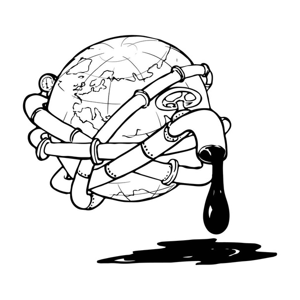 Globe entangled with oil pipelines. Illustration on the modern world vicious dependency on the fossil fuels. - Vector, Image