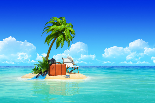 Tropical island with palms, chaise lounge, suitcase. - Photo, Image