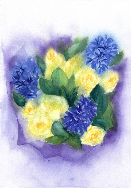 Romantic Bouquet of flowers. Yellow roses and blue hyacinth. Watercolor floral illustration.Wet on wet technique. For invitation, wedding, save the date and greeting card.  - Photo, Image