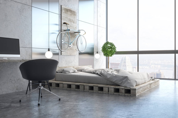 Light bedroom interior with workplace, furniture, decorative items and daylight. 3D Rendering  - 写真・画像