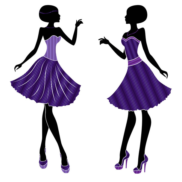 Attractive fashion girl in short trendy violet dress and with long heels isolated on the white background, vector illustration - Vettoriali, immagini