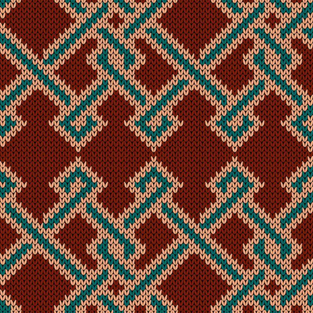 Вязанный бесшовный орнамент с переплетением бирюзовых бежевых линий на фоне кирпичных цветов, векторный узор в виде текстуры ткани
 - Вектор,изображение