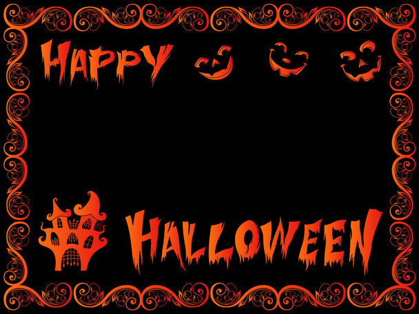 Postcard with bright orange the wishes of the happy Halloween and with decorative frame on the black background, vector hand drawing - Vector, Image