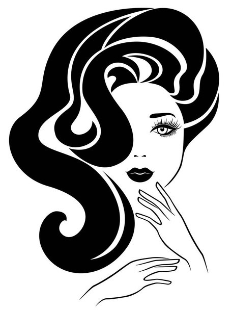 harming attractive lady with luxurious wavy hair and elegant well groomed hands, hand drawing vector for cosmetic products design - Vector, Image