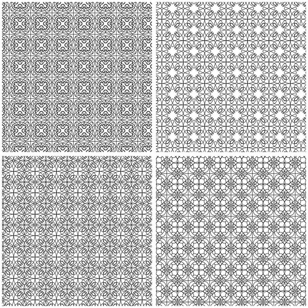 Négy különböző varrat nélküli rács dísznövények minták egyetlen fájlban gyűjtött, fekete-fehér kéz rajzot vektoros illusztráció - Vektor, kép
