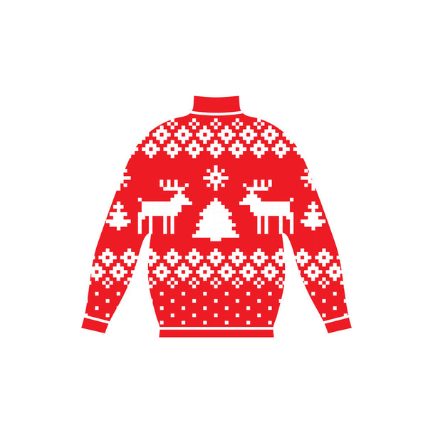 Зимовий теплий светр ручної роботи, світшот, светр для в'язання, червоного кольору. Жіночі светри, чоловічий светр, унісекс светр. Дизайн - сніжинки, оленячий жакардовий візерунок. Різдво, Новий рік, фондовий вектор
 - Вектор, зображення