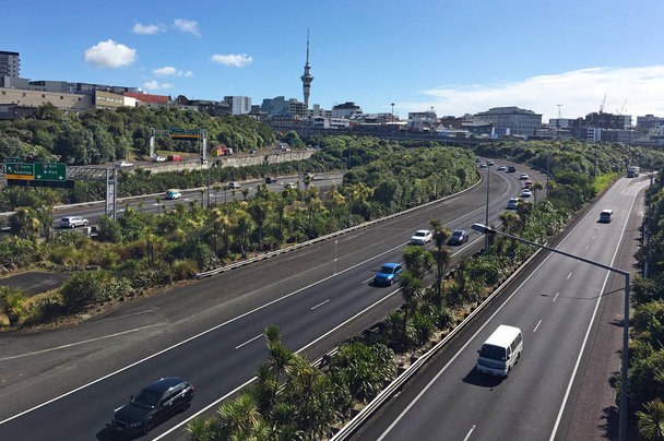 Aerial view of rush hours traffic on Auckland Central Motorway Junction Carrying around 200,000 vehicles a day, it is one of the busiest stretches of road in New Zealand. - Photo, Image