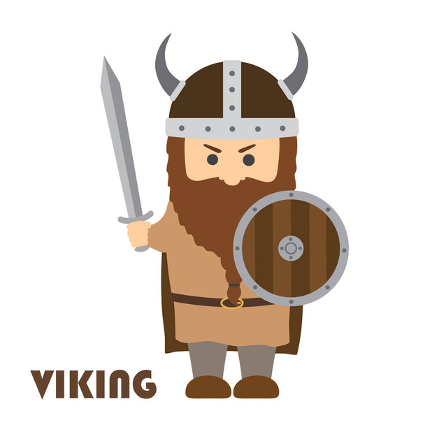 Angry cartoon viking with beard in helmet with horns. Vector illustration - Vector, Image