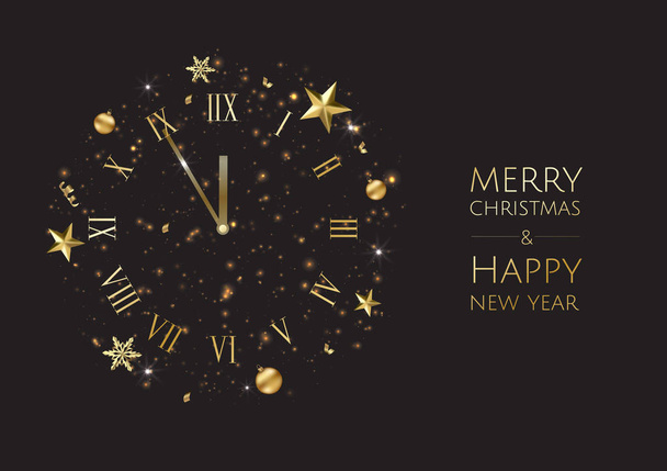 New year golden background with christmas balls, stars and vintage clock. - Vector, Image
