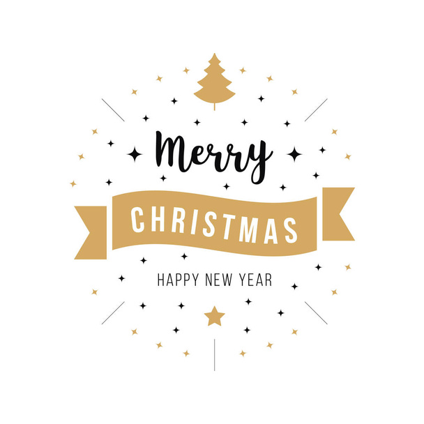 Boldog karácsonyt köszöntő szöveg díszek, arany fa fehér háttér - Vektor, kép