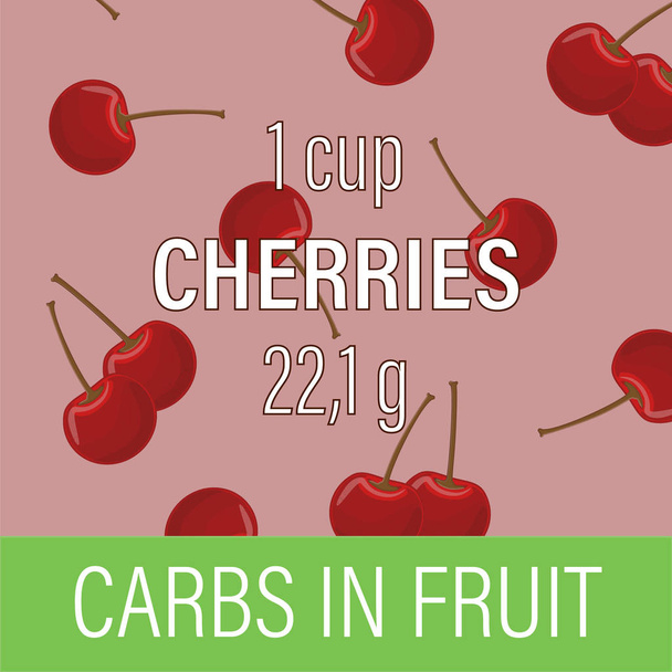 Carbs in fruit. Cherry. Card for nutritionist. Designation of the amount of carbohydrates in grams. Vector - Vetor, Imagem