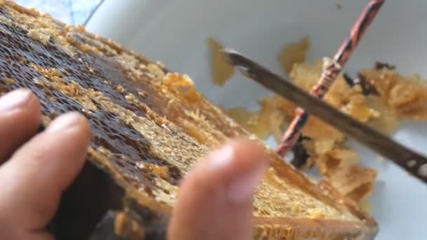 Hand met behulp van een mes te verstoppen honingraten met honing in een frame. Imker Unseal honingraat. - Video