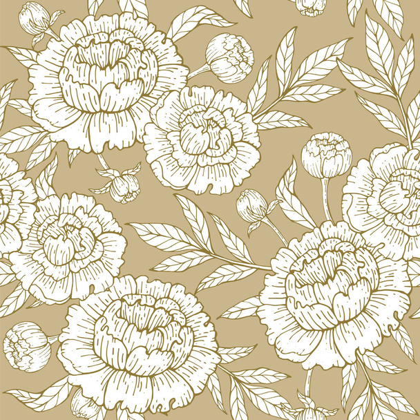 Seamless pattern with peony on a gold background. Hand drawn vector illustration - Vector, Image