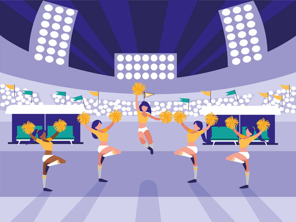 Stadion scène met groep cheerleaders - Vector, afbeelding