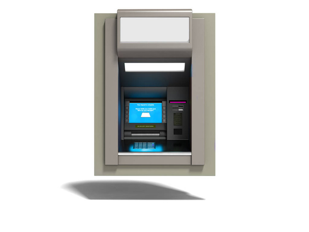Современный банкомат с голубым экраном 3D рендеринг на белом фоне с тенью
 - Фото, изображение
