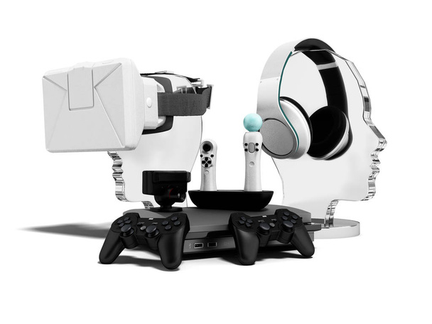 Moderní pojetí herní konzole sluchátka virtuální realita brýle 3d vykreslení přenosné pákové ovladače na bílém pozadí se stínem - Fotografie, Obrázek