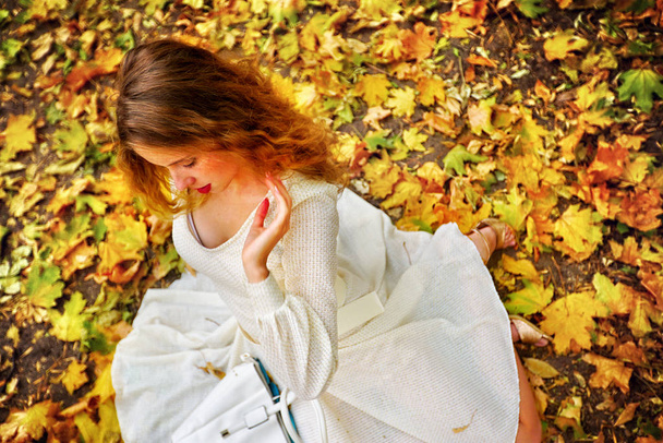Φθινοπωρινή μόδα φόρεμα γυναίκα που κάθεται πτώση φύλλα πάρκο πόλης εξωτερική. - Φωτογραφία, εικόνα