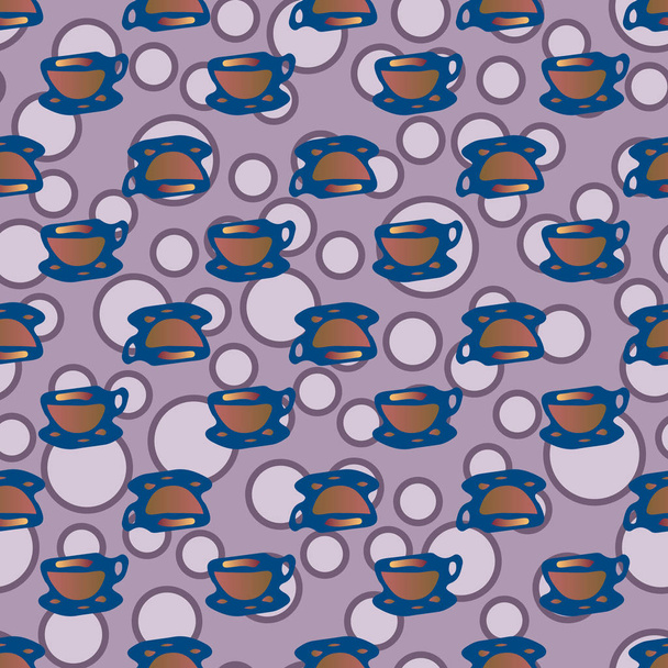 Cups of coffee or tea with dots on background seamless pattern. - Vector, imagen