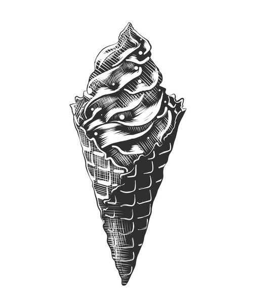 Vector engraved style illustration for posters, decoration and print. Hand drawn sketch of ice cream cone with a splash, monochrome isolated on white background. Detailed vintage woodcut style - Vector, Imagen