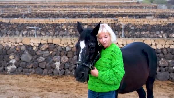 Αγάπη μεταξύ μοντέρνα ξανθιά μοντέρνα γυναίκα με πράσινο πουλόβερ και όμορφο μαύρο άλογο επιβήτορα - Πλάνα, βίντεο