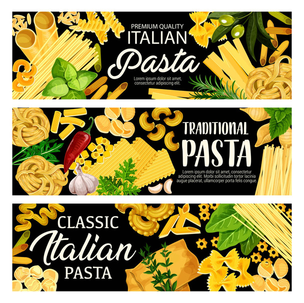 Ιταλικά ζυμαρικά, βότανα, μπαχαρικά και ελιές - Διάνυσμα, εικόνα