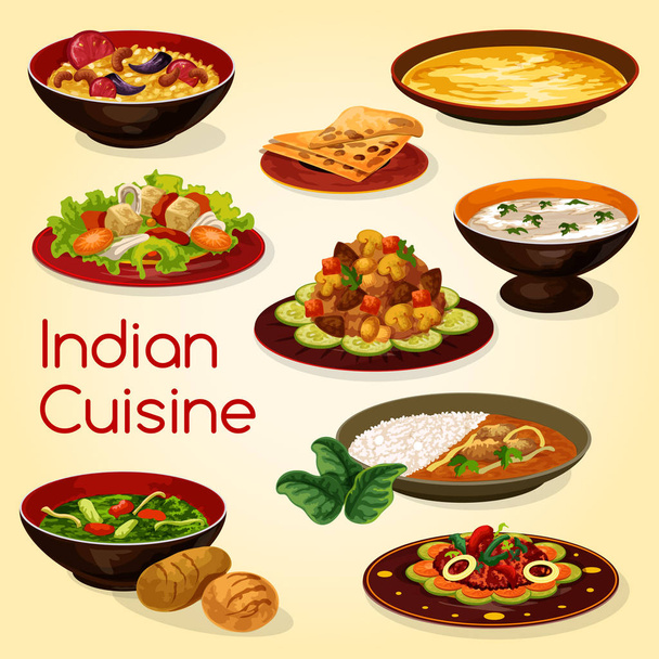 Індійська кухня, рису, м'ясні та овочеві страви - Вектор, зображення