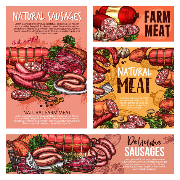 Pork and beef, meat, sausages, ham, salami, bacon - Vector, Image