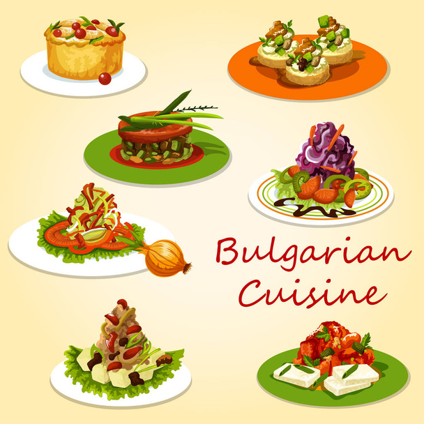 Мясо и овощные салаты болгарской кухни, закуски
 - Вектор,изображение