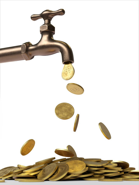 Torneira de gotejamento com moedas de ouro, renderização 3d, imagem conceitual
. - Foto, Imagem