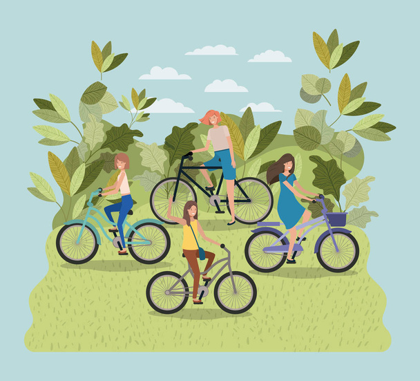 Gruppe junger Frauen mit Fahrrad im Park - Vektor, Bild