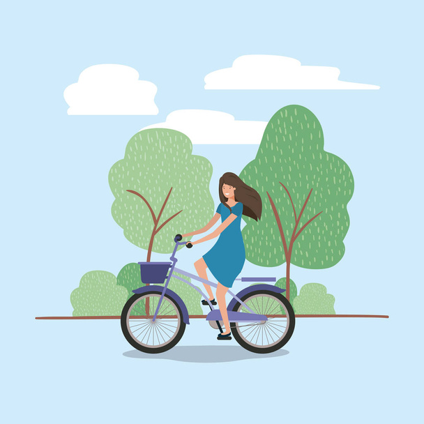 young woman in bicycle on park - Vector, Image