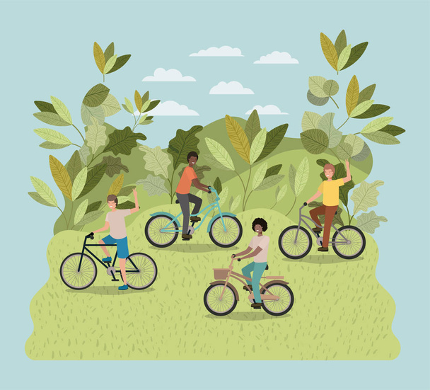 公園に自転車で若い男性のグループ - ベクター画像
