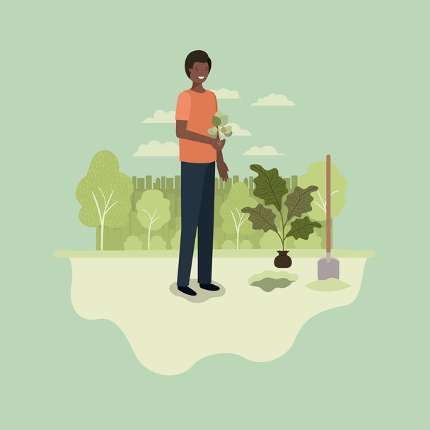 hombre negro plantando árbol en el parque con pala
 - Vector, Imagen