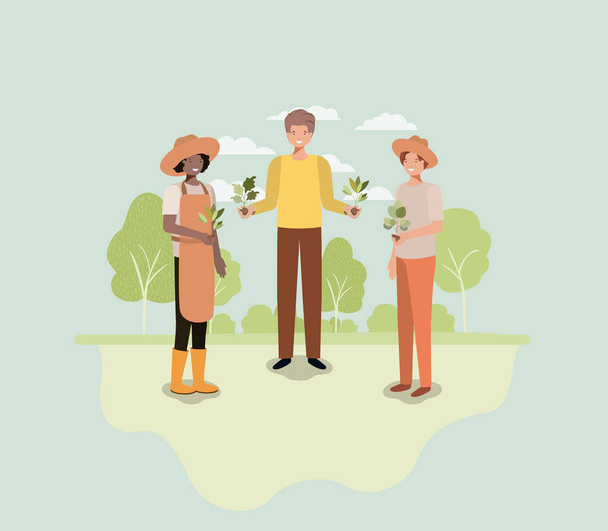 group of people planting trees in the park - Vector, Image