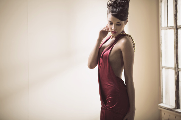 Slim stylish lady dressed in red gown - Fotografie, Obrázek