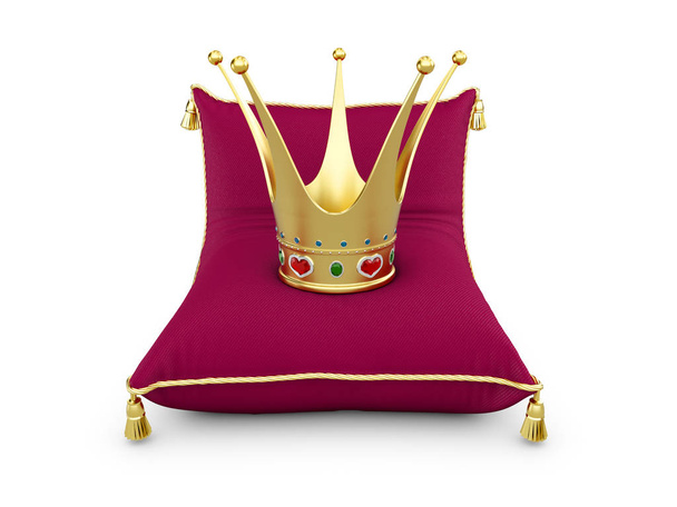 Gold Princess crown on the magentas pillow isolated white 3d illustration - Φωτογραφία, εικόνα