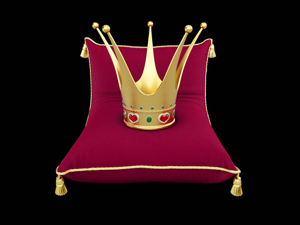 3d illustration of Gold Princess crown on the magentas pillow isolated black - Φωτογραφία, εικόνα