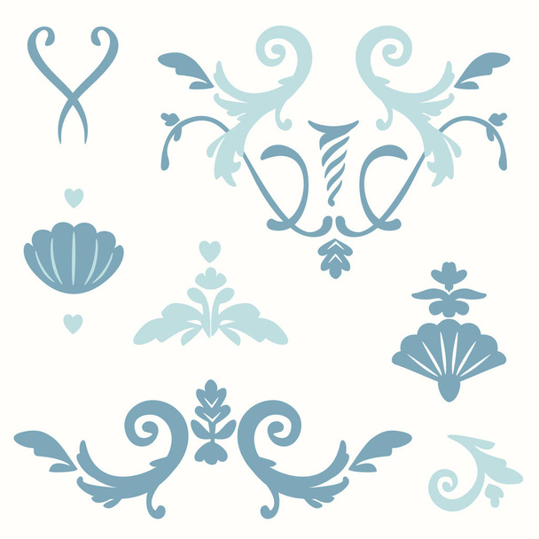 set of stylized simplified elements of rococo style curls, plant, seashell - Vetor, Imagem