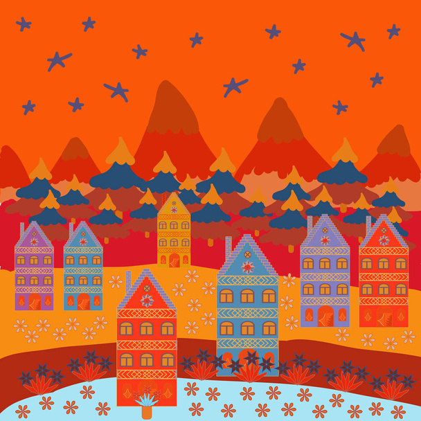 Illustration sur les couleurs orange, rouge et bleu. Illustration vectorielle. Dessin vectoriel de maisons de banlieue de Noël avec faire un bonhomme de neige
. - Vecteur, image