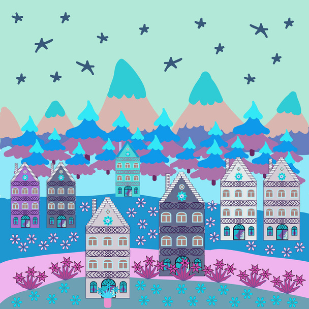 Feliz tarjeta de Navidad con casa. Lindos edificios en colores neutros, azules y violetas. Ilustración vectorial. Feliz año nuevo
. - Vector, Imagen