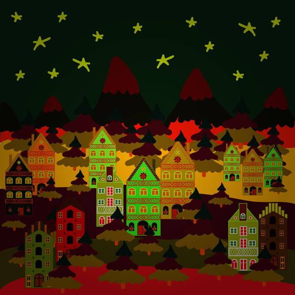Δημιουργικό χριστουγεννιάτικο φόντο. Εικονογράφηση διάνυσμα. Τοπίο με Χειμερινές εξοχικές κατοικίες, ξύλα, δέντρα, λόφοι σε γκρι, καφέ και κόκκινο χρώματα. - Διάνυσμα, εικόνα