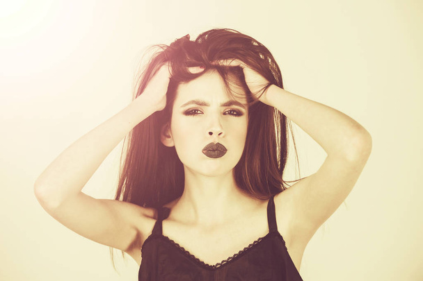 woman with black lips in dress has fashion makeup - Photo, Image