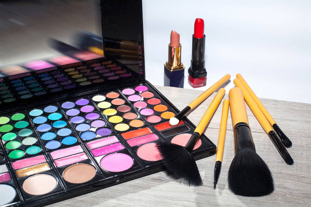 Professional makeup brushes and tools, make-up products set. Beauty, fashion, party and shopping concept. flat lay composition, top view - Photo, Image