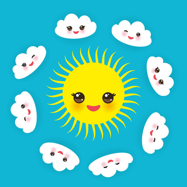 Kawaii funny yellow sun, white clouds set, muzzle with pink cheeks and winking eyes on blue background. Vector illustration - Wektor, obraz