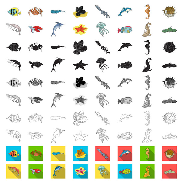 A variety of marine animals cartoon icons in set collection for design. Fish and shellfish vector symbol stock web illustration. - Vektör, Görsel